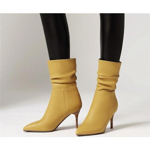 YMECHIC 6 Color Fashion Occident Stiletto Sexy Boots Yellow Blue Black Pleated Mid Calf Thin High Heel Boots Winter Lady Shoes