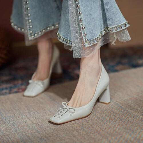 Osunlina Brand Woman Pumps Slip On Square Toe Butterfly-Knot Brown Genuine Leather 7cm High Heel Shallow Handmade Shoes 2021 New