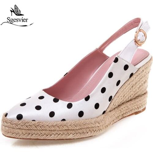 Sgesvier Elegant Women Silk Slingbacks Polka Dot Weaving Wedge Platform High Heels Dress Party Shoes Lady Office Pumps G563