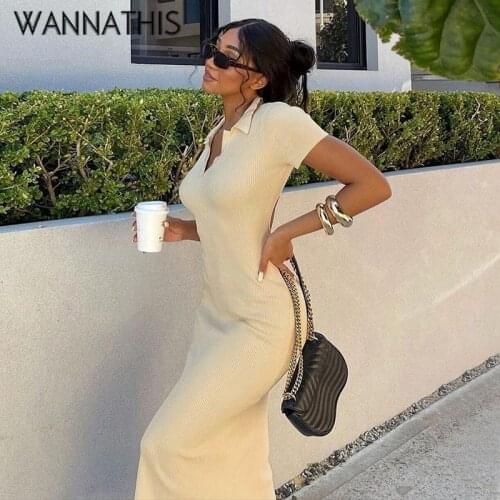 WannaThis Short Sleeve Party Dresses Women Slim Mid-Calf Turn-Down Collar Summer Sexy Dresses Women Backless Side Split Lace2021