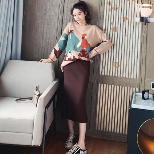 Womens Suit Autumn Winter Cartoons Knitted Sweater Pullovers+ Elastic High Waist Knee Bodycon Pencil Skirts 2 Pieces Sets Y660