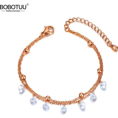 BOBOTUU Rose Gold Double Layer Stainless Steel CZ Crystal Charm Bracelets For Women Girls Bohemia Beach Chain Bracelet BB20047