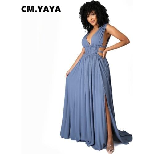 CM.YAYA Women Long Dress Solid Sleeveless V-neck Hollow Out Splited A-line Maxi Dresses Sexy Praty Vestidos Summer Outfits 2021