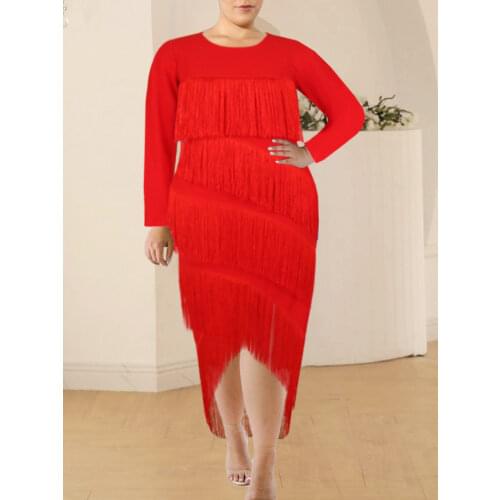 Plus Size Tassel Dresses Women O Neck Long Sleeve Irregular Fringe Office Lady Evening Birthday Party Event Gowns Outfits Autumn