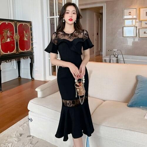 Fashion Summer Vintage Flare Sleeve Midi Party Dress Ladies Streetwear Elegant O-Neck Ruffled Lace Perspective Mermaid Dress