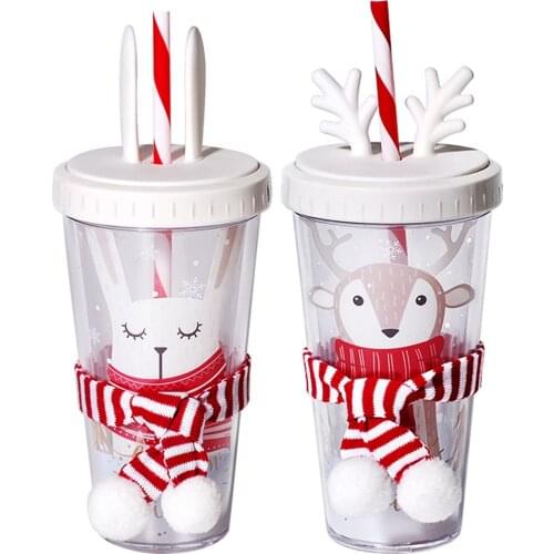 500ml luxury antlers cute water cup flat lid straw cup double plastic cup travel plastic coffee cup water milk Christmas gift