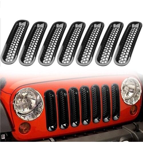 7pcs Front Insert Mesh Grille Grill Trim Chrome Black Auto Accessories for Jeep Wrangler JK 2007-2017 ABS Car Styling Sticker