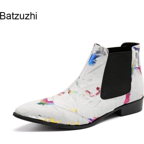 Batzuzhi New Design Mens Shoes Pointed Toe Black White Soft Leather Ankle Boots Men Slip on Fashion Motorcycle Botas Hombre