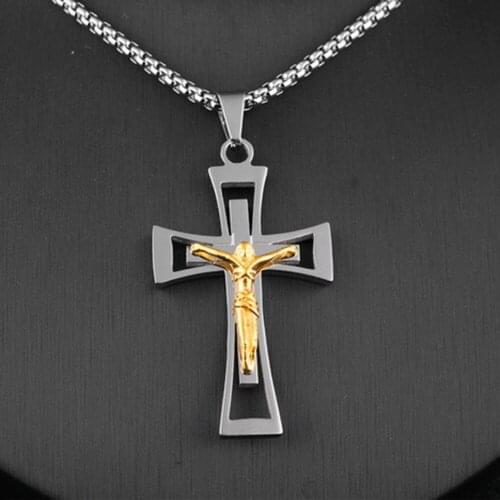 Classic Style Mens Silver Gold Stainless Steel Hollow Cross with Jesus Christ Pendant Necklace Box Chain Free