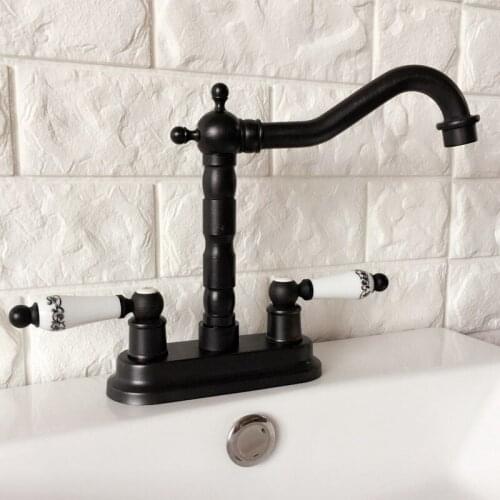 Black Oil Rubbed Bronze 4" Centerset Bathroom Sink Faucet Swivel Basin Mixer Tap Dual Ceramic Handles Levers mhg070