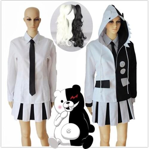 Adult Anime Danganronpa Monokuma Cosplay Costumes School Uniform Halloween Party Cosplay Dress Womens Full Set Free Shipping