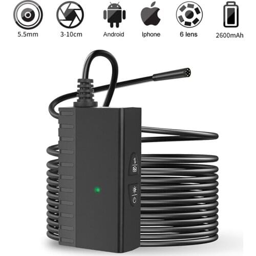 5MP HD Wireless Endoscope Camera 5.5mm Lens with Led Light 10M Hard Cable IP67 Industrial Inspect Borescope for Android Iphone