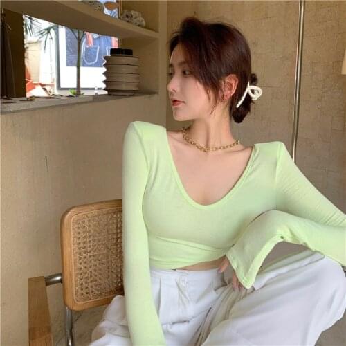 Fluorescent Green V-neck T-shirt Women Fashion Sexy Low Cut Show Chest Long Seeve Baseshirt Spring Autumn Undershirt Blouse