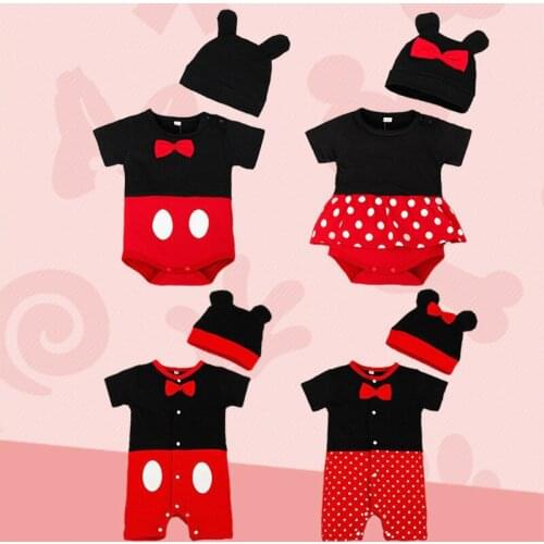 Summer Baby Boy Girl Newborn Rompers Hats Shorts Skirt 2 PCS Set Cartoon Mickey Minnie Infant Bebe Cotton Jumpsuits Clothing Set