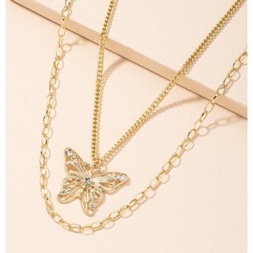 Fashion Beautiful Butterfly Animal Double Layer Necklace Chokers Pendant Accessories Vintage Women Rhinestone Long Necklace Gift