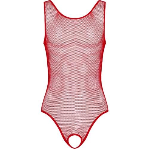 MSemis Men Sexy Erotic Hot Open Crotch Jumpsuit Catsuit Male Hollow Out Fishnet Lingerie Sleeveless Leotard Bodysuit Sleepwear