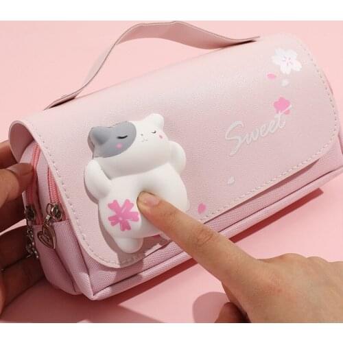 Cartoon Double Layer Japanese Style Portable Sweet Sakura Cat Pencil Case Long Coin Wallet Pouch Bag