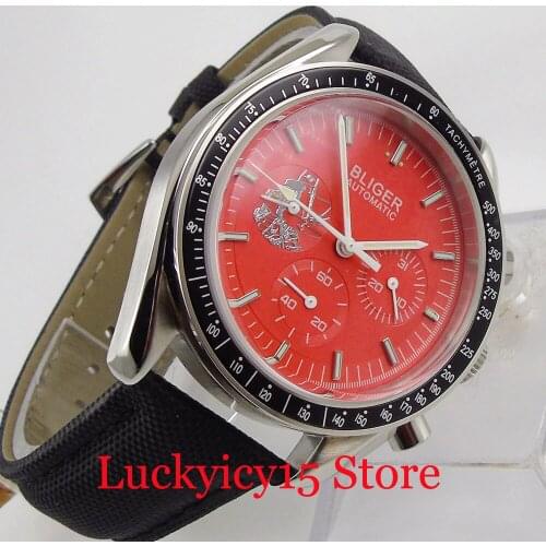 BLIGER Red Self Winding Men Watch Automatic Movement Date Function Red Dial Leather Band