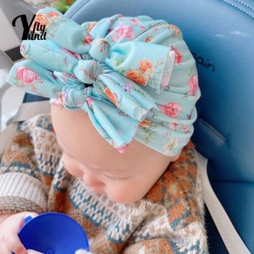 Yundfly Soft Skin-friendly Warm Cotton Newborn Cap Cute Print Bowknot Baby Girls Turban Hat Bows Headwear Kids Photography Props