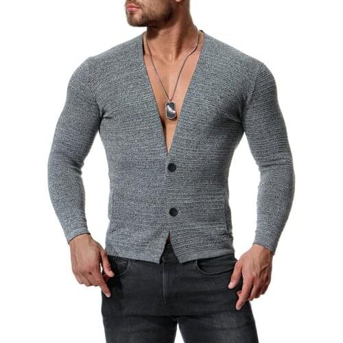 Hot 2020 Spring Autumn big V Sexy Single-breasted new youth mens solid color slim knitted cardigan sweater coat bottoming shirt
