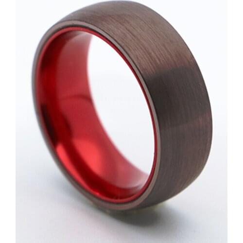 Tungsten Carbide Wedding Band Ring 8mm for Men Women Brown Surface Red Inner Dome Brushed Finished
