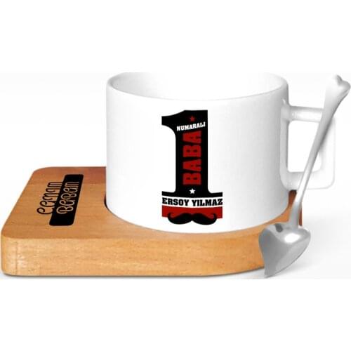 Personalized 1 Number One Dad Design Wood Altlıklı Ceramic Cup-1
