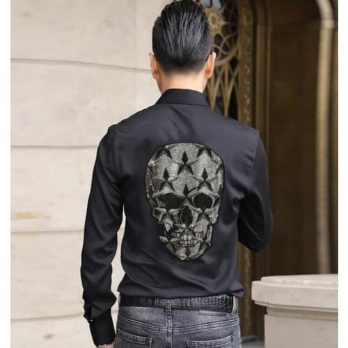 Fashion Men Diamond stone Skulls shirts long Sleeve Rhinestones summer Male shirts Clothing Mens Casual