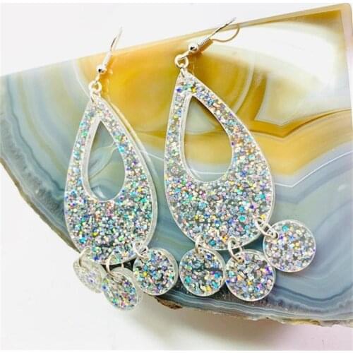 Rainbow Glitter Teardrop Earrings, Laser Cut Rainbow Acrylic Earrings, Chandelier Statement Earrings Pierced or Clip-on