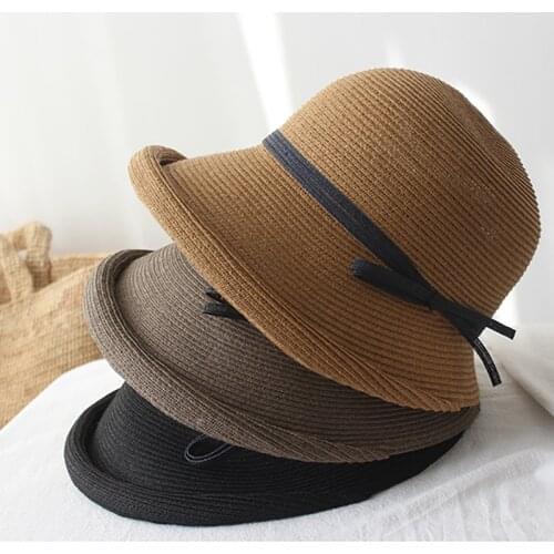 New Women Straw Caps Woven Foldable Summer Sun Hat Wind Rope Wide Brim Bucket Fisherman Hat Kentucky Derby UV Visor Beach Hat