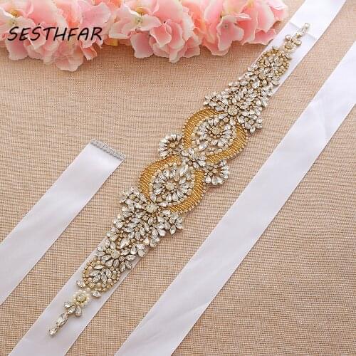 SESTHFAR Wedding Dress Belt Rhinestone Belt Handmade Gold Diamond Wedding Belt For Bridal Accessories