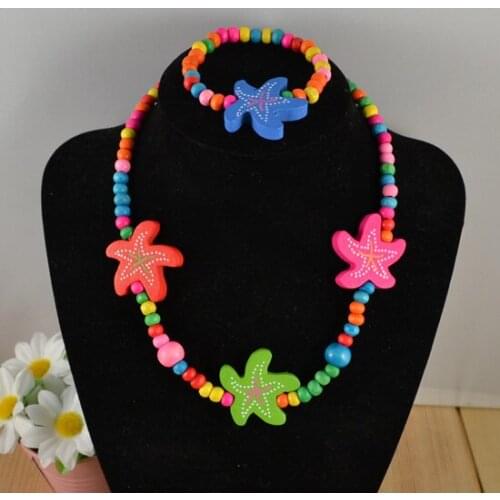 TopHanqi 2020 Princess Girls Colorful Wood Beads Necklace Bracelet Set Kids Childrens Birthday Party Cute Star Jewelry Gift