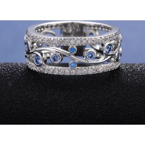 USTAR Line hollowing Rings for women Blue AAA cubic zirconia micro pave setting engagement wedding rings female Anel accessories