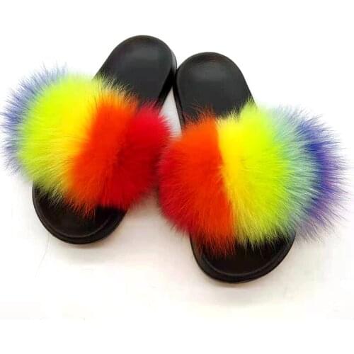Women Shoes Furry Slippers Women Outdoor Thick Bottom Fashion Flip Flops Ladies’s Fox Fur Real Fur Home Slippers Summer Sandals