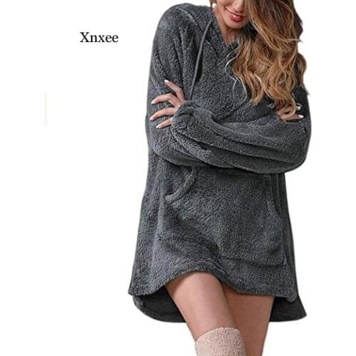 Women Solid Fleece Warm Sleepwear Hoodie Long Sleeve Drawstring Dress Pocket Sweatshirt Tops Clothing Tracksuit Homewear Clothes