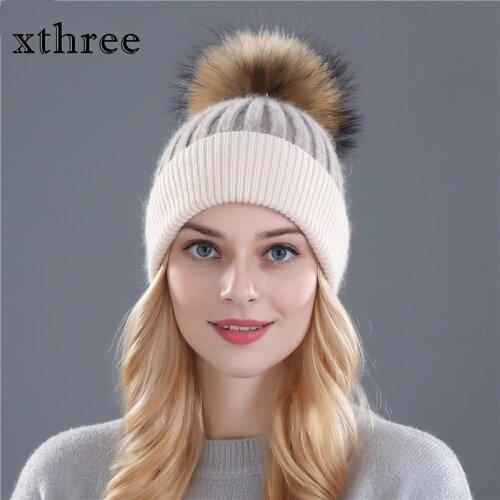 Xthree winter wool knitted hat beanies real mink fur pom poms Skullies hat for women girls hat feminino