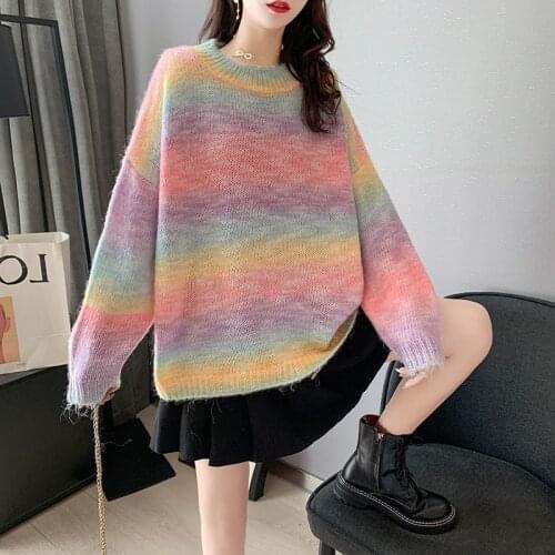 Japanese Color Sweater Women Loose Casual Pullover 2020 Autumn New Rainbow Striped Lazy Knit Sweater Outer Wear