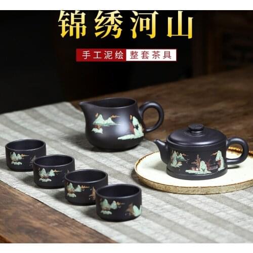 Famous Zisha teapot clay landscape painting pure hand-made Kung Fu teapot tea set home complete set of large teapot