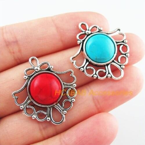 8Pcs Retro Tibetan Silver Tone Round Flower Blue&Red Stone Charms Pendants 26x29mm