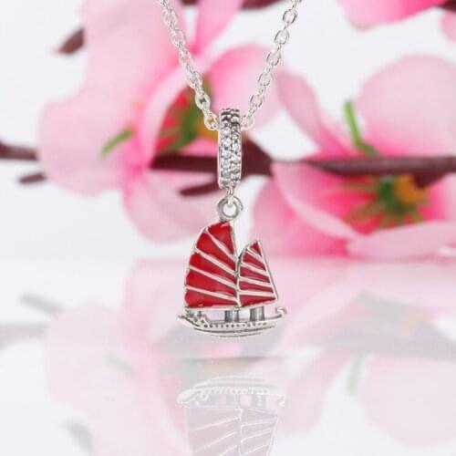 Bewill S925 Sterling Silver China Sailboat Pendant Red Boat Pendant Fit Original Charms Necklace