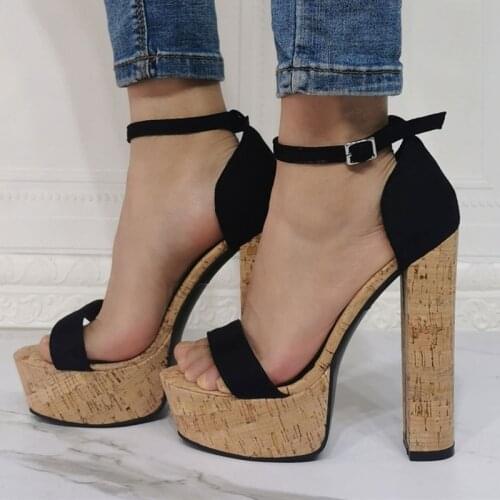 Wooden Chunky Heels Sandals Black Suede Patchwork Square Heels Shoes Ankle Strap Platform Dress Shoes Plus Size 13