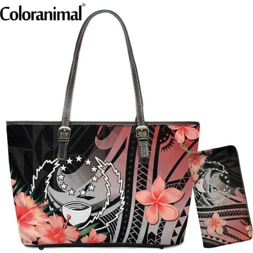 Coloranimal Pretty Pohnpei Polynesian Hibiscus Pattern Women Handbag 2Pcs/Set Shoulder Bag&Wallet PU Leather Tote Bolsa 2021 Hot