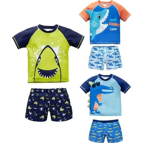 2020 Kids Boys Swimsuit Surf Cool Animal Printed Summer Short Sleeve Swimwear Two Piece Bath Beach Clothing