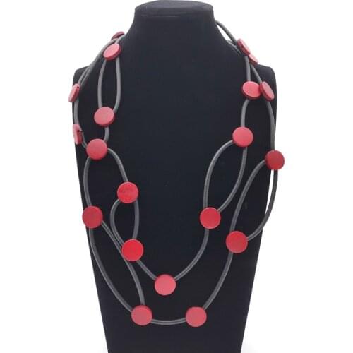 YD&YDBZ Double Layer Red Round Wooden Necklace For Women Current Leather Rope Statament Necklaces Night Party Jewelry Decoration