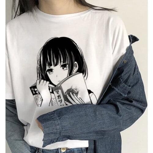 Japanese Anime Style Graphic Print T-shirt Women Cartoon Kawaii Girl White Tops Tshirt Harajuku Aesthetic O Neck Female T Shirt