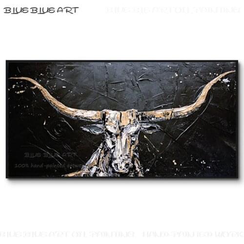 Skilled Artist Hand-painted High Quality Black Background Longhorn Bull Acrylic Painting Thick Paints Textured Longhorn Painting
