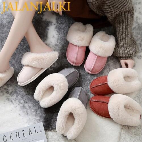 JALANJALKI Winter Women Home Cotton Shoes Warm Fur Non-Slip Men Indoor Slippers Thick Plush Ladies Platform Lovely Couple Slides