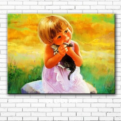 Classical cute baby girl cat landscape canvas printings oil painting printed on canvas home wall art decoration picture
