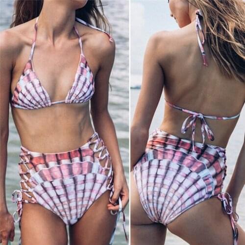 Stripe Bikini Set Women Summer Sexy Shell Printed Bandage Swimsuit Ladies High Waist Beach Bathing Suit Swimwear Two Pieces Suit