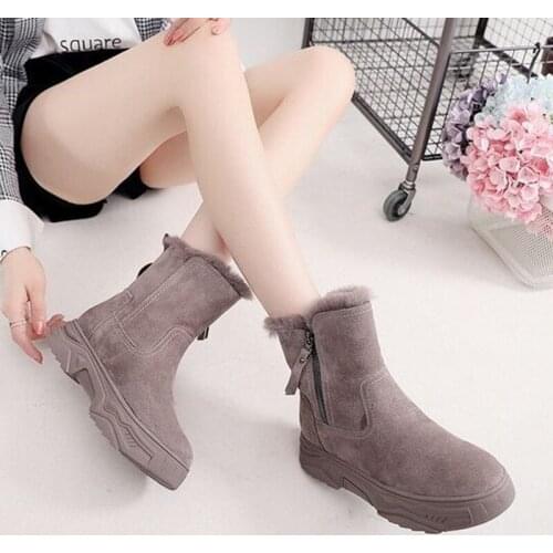 Flat Leather Boots Women Zip Short Plush Winter Shoes Women 2021 Warm Ladies Boots Ankle Sewing Fashion Black Shoes Woman