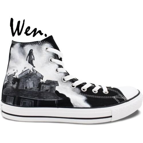 Wen Unique Customized Hand Painted Athletic Shoes Slogan PIERCE THE VEIL High Top Black Upper Canvas Sneakers for Women Men